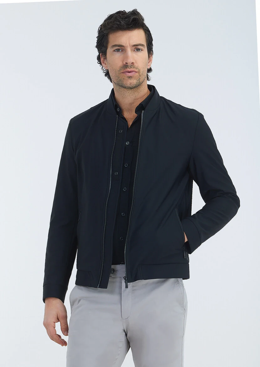 Black Regular Fit Mandarin Collar Casual Weaving Coat 