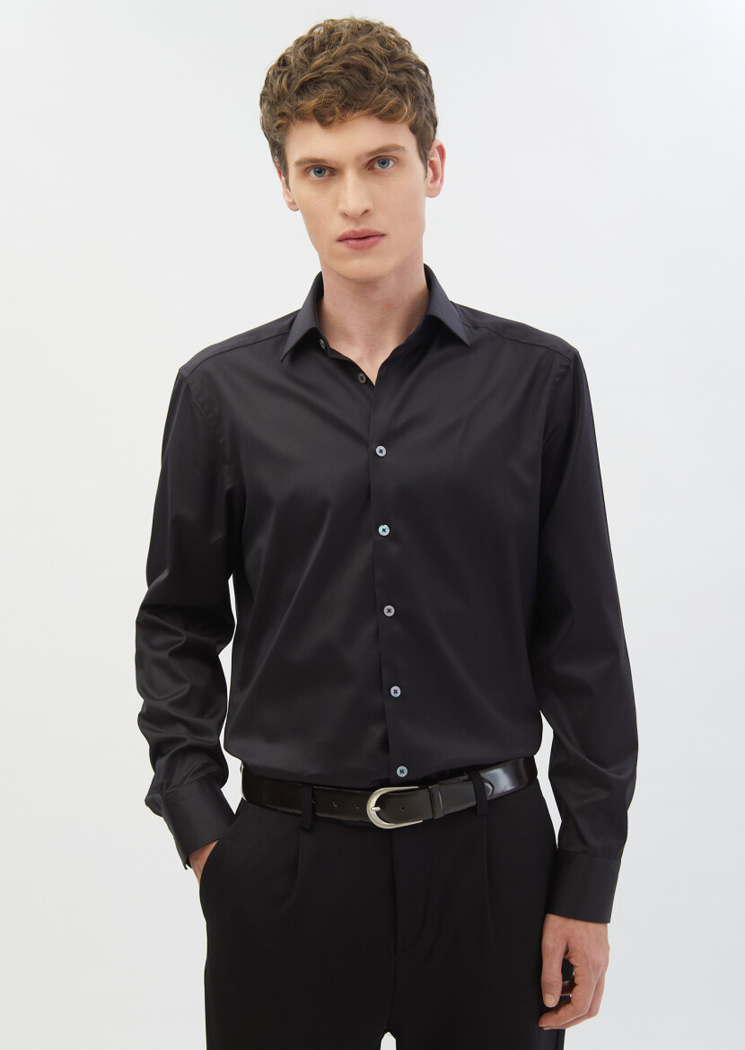 Black Regular Fit Non Iron Weaving Classical 100% Cotton Shirt - 1