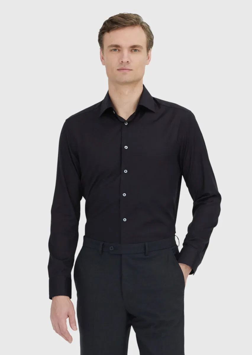Black Regular Fit Non Iron Weaving Classical 100% Cotton Shirt - 1