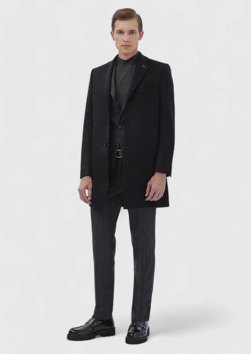 Black Regular Fit Shawl Collar Classical Weaving Overcoat - 5