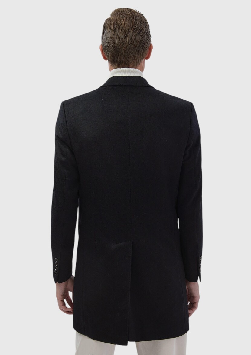 Black Regular Fit Shawl Collar Classical Weaving Overcoat - 10