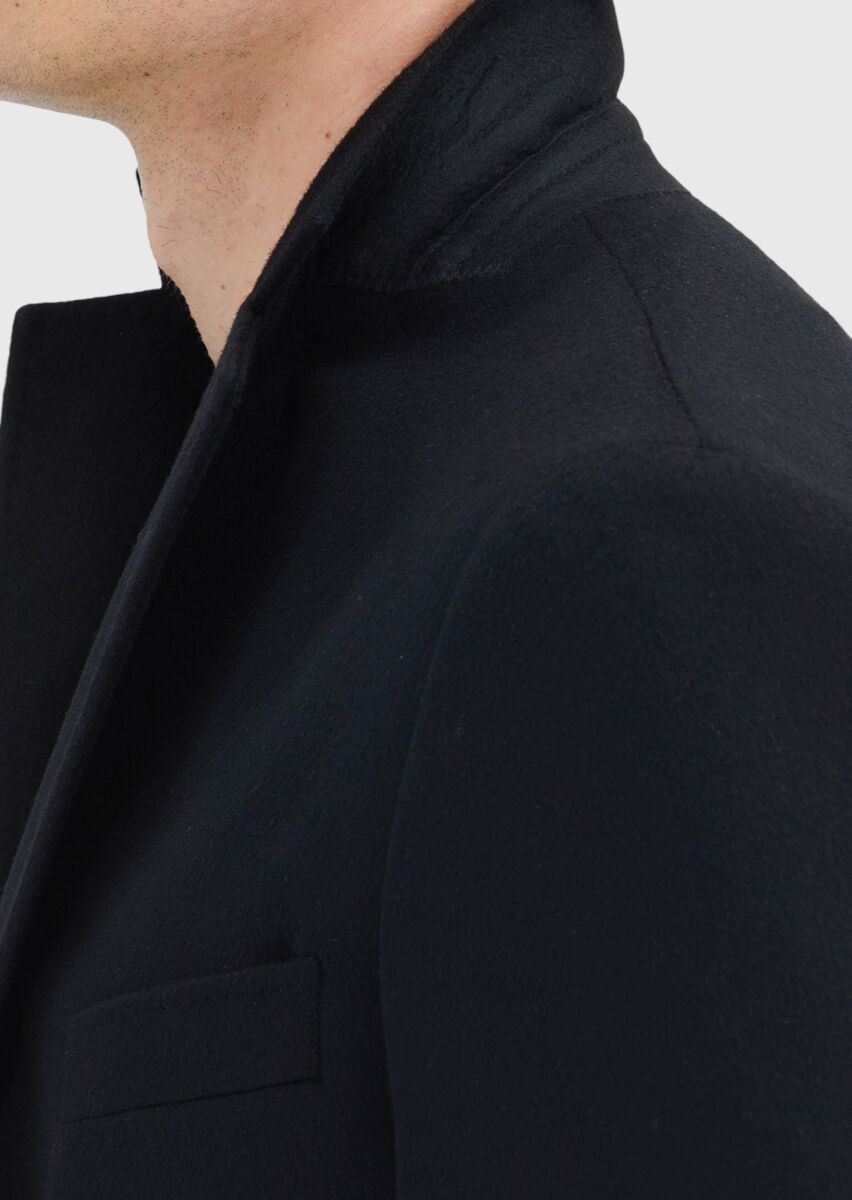 Black Regular Fit Shawl Collar Classical Weaving Overcoat - 5