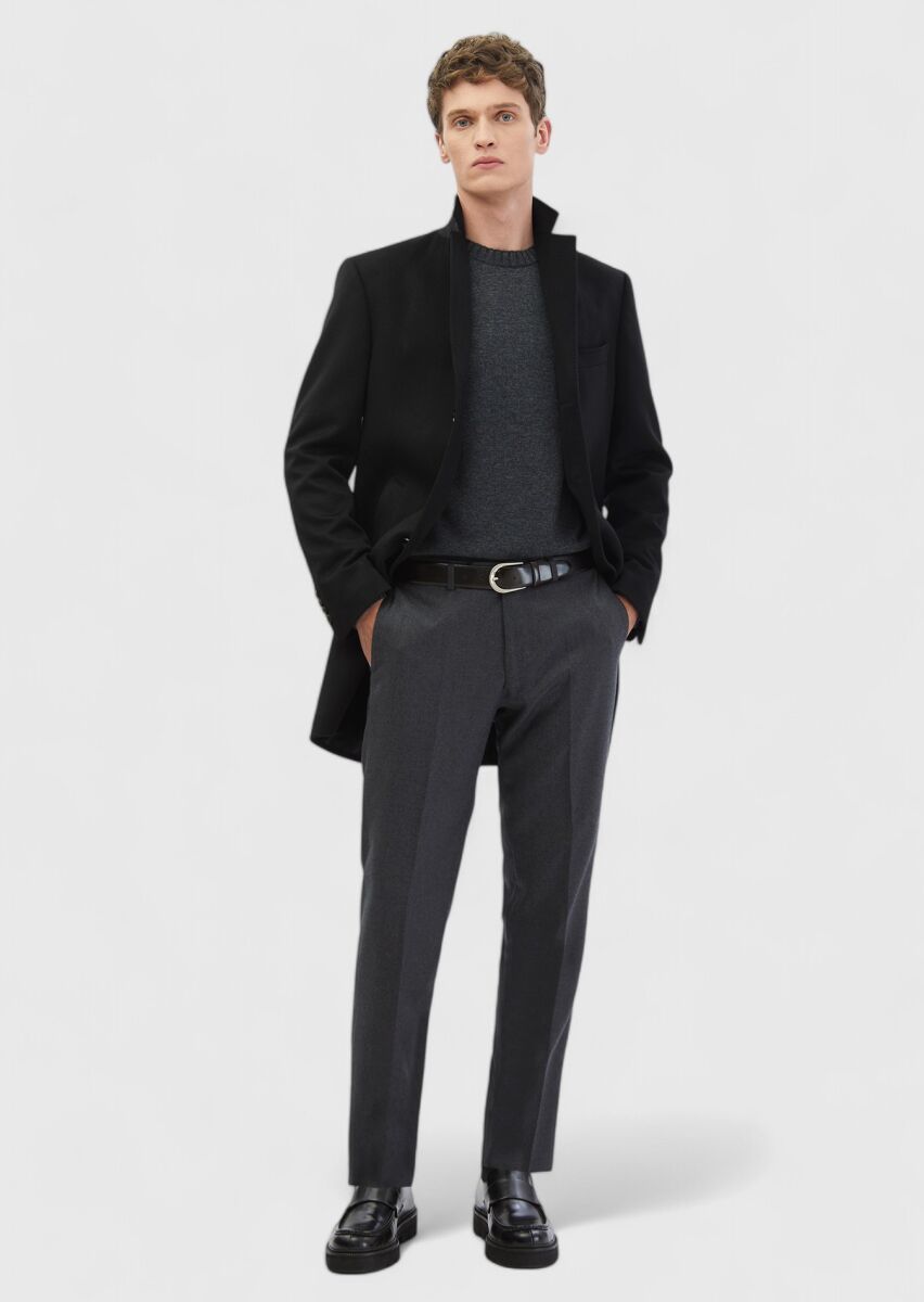 Black Regular Fit Butterfly Collar Classical Weaving Overcoat - 2