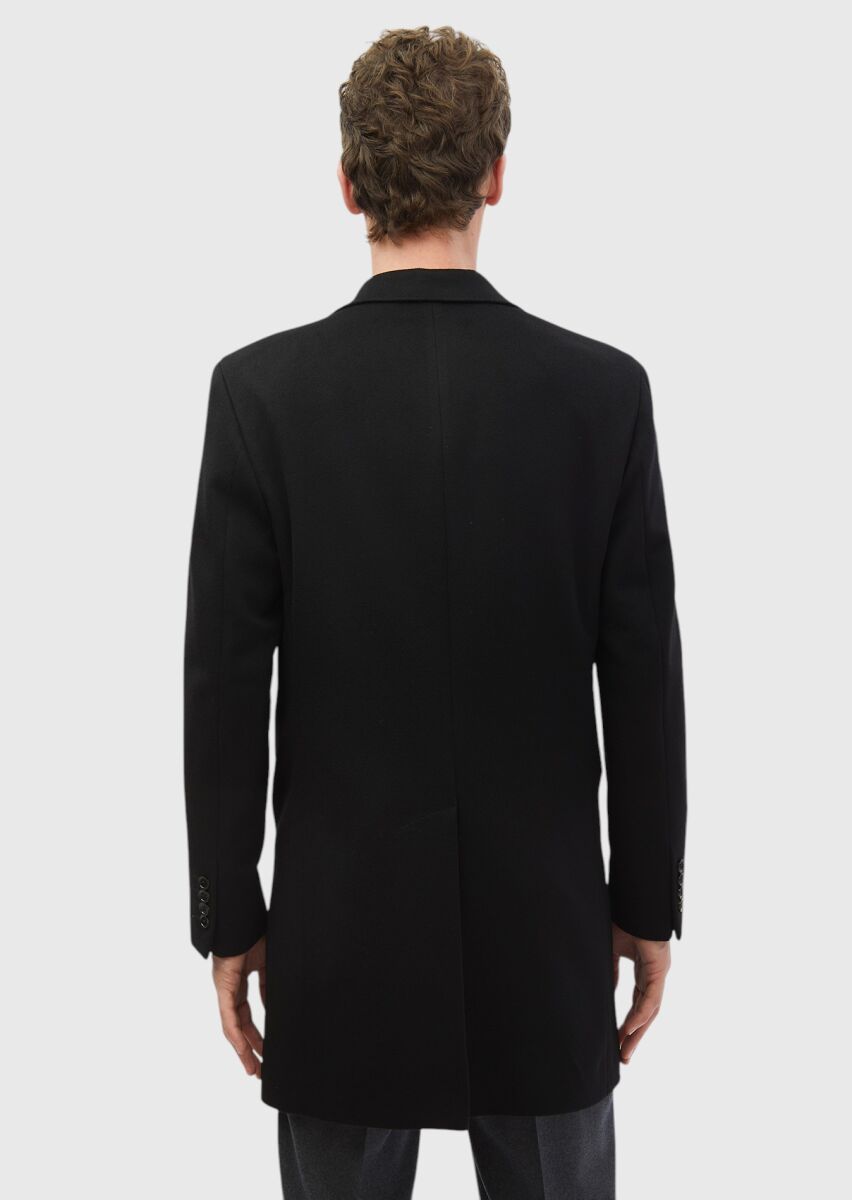 Black Regular Fit Butterfly Collar Classical Weaving Overcoat - 5