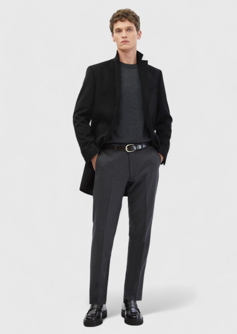 Black Regular Fit Shawl Collar Classical Weaving Overcoat - RAMSEY