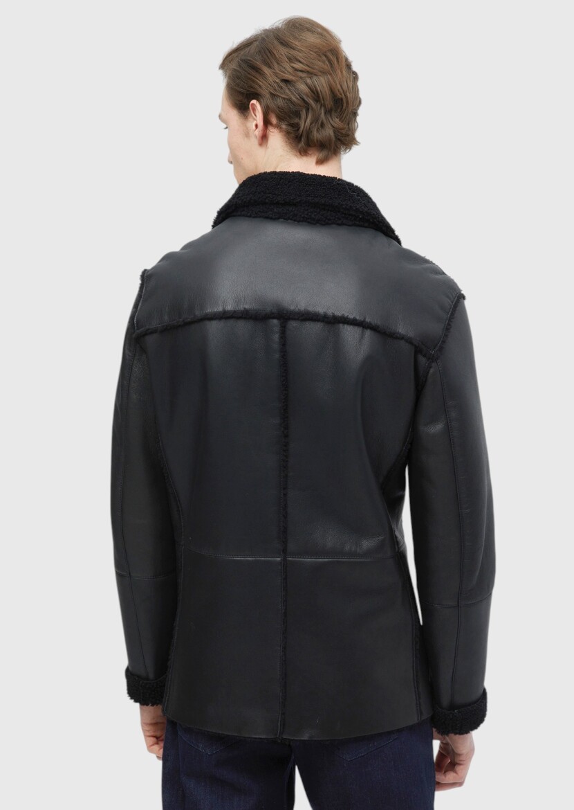 Black Regular Fit Shirt Collar Casual Fur Leather Coat - 8
