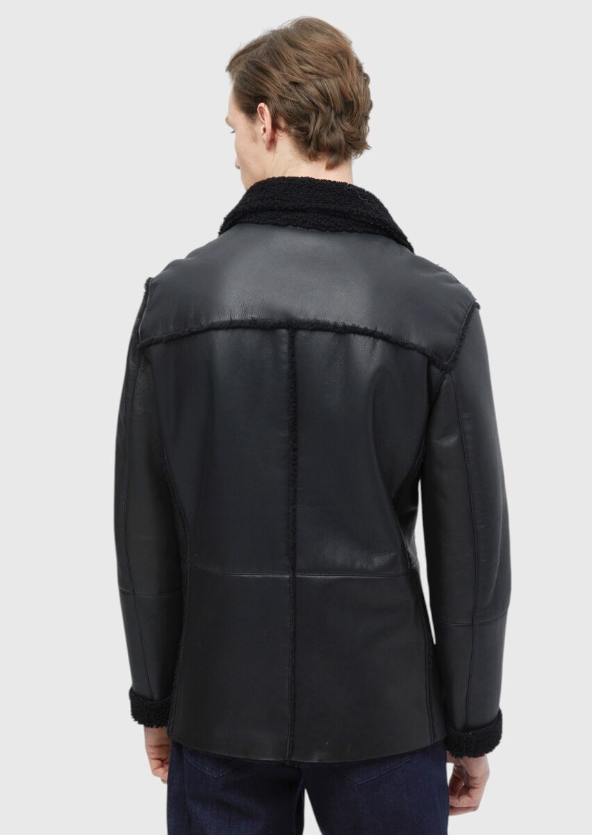 Black Regular Fit Shirt Collar Casual Fur Leather Coat - 8