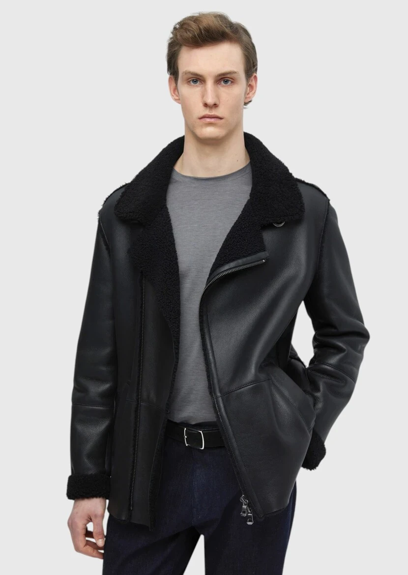 Black Regular Fit Shirt Collar Casual Fur Leather Coat - RAMSEY