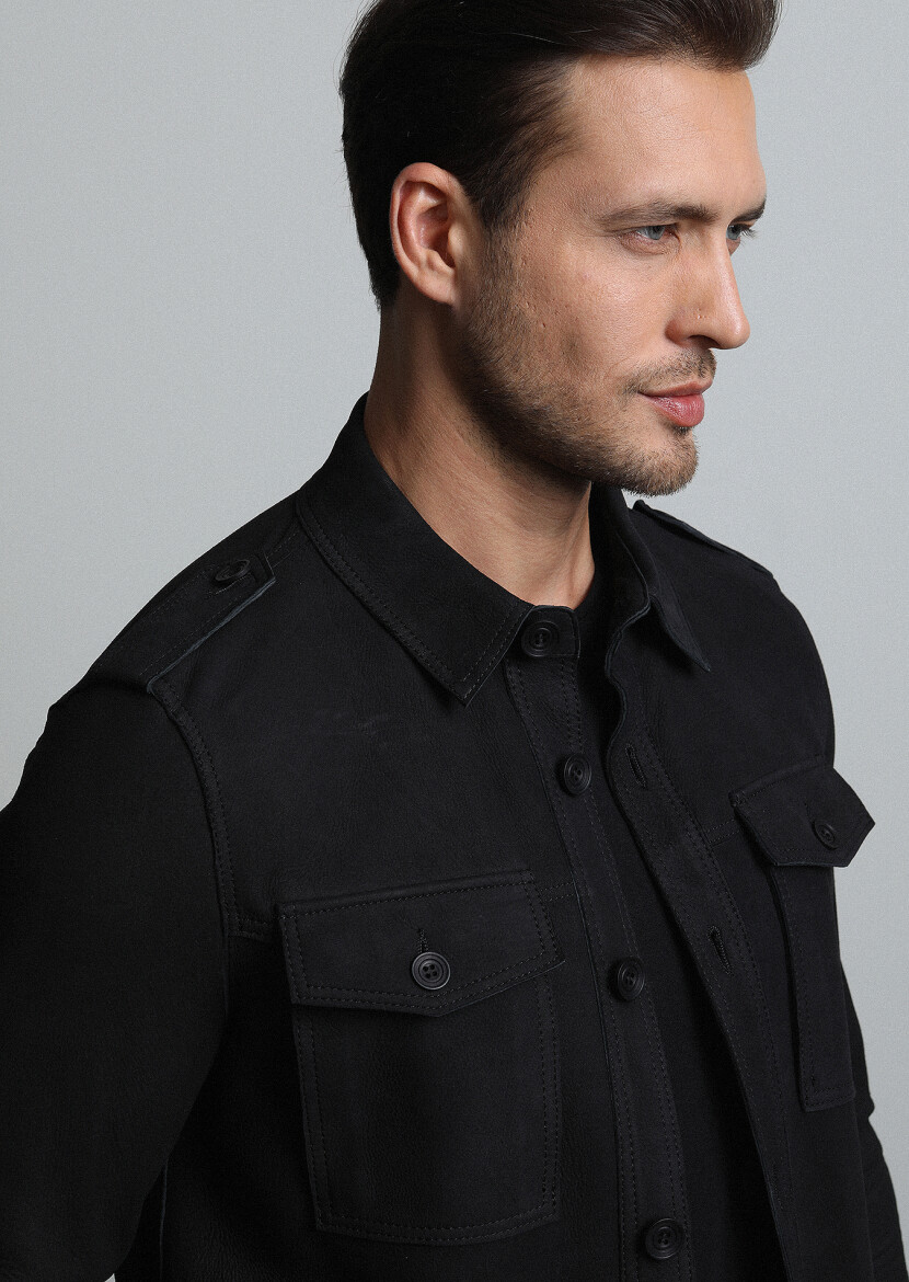 Black Regular Fit Shirt Collar Casual Leather Leather Coat - 1