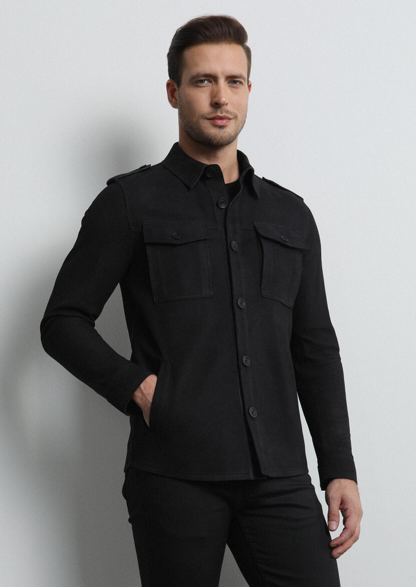 Black Regular Fit Shirt Collar Casual Leather Leather Coat - 2