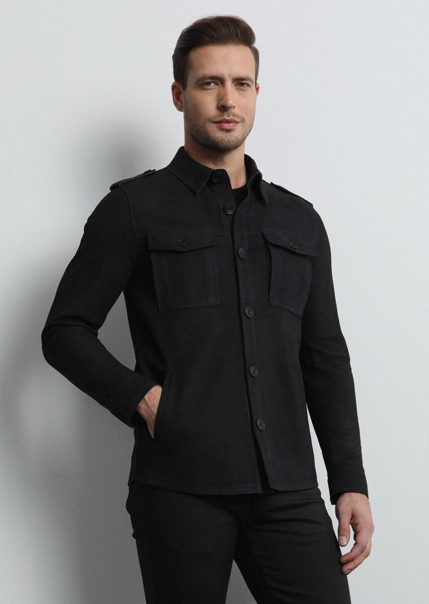 Black Regular Fit Shirt Collar Casual Leather Leather Coat - 2