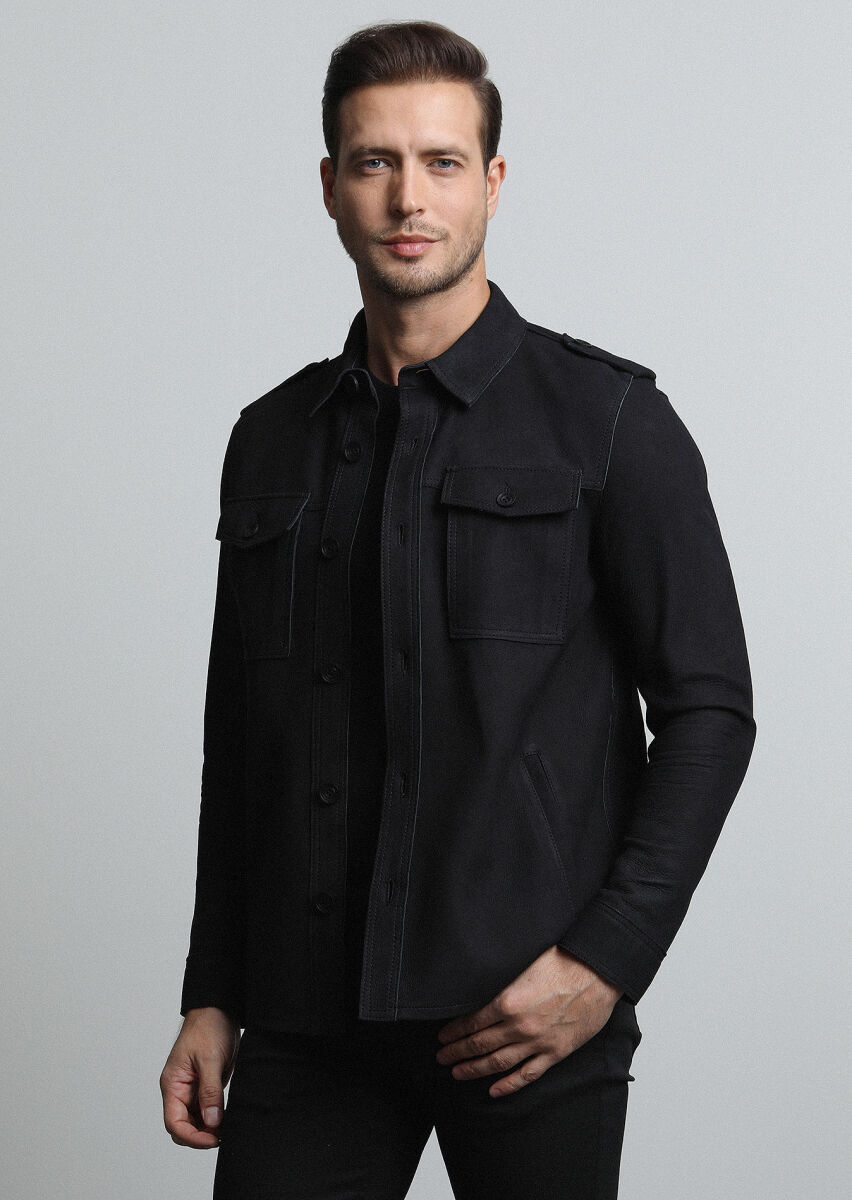 Black Regular Fit Shirt Collar Casual Leather Leather Coat - 3