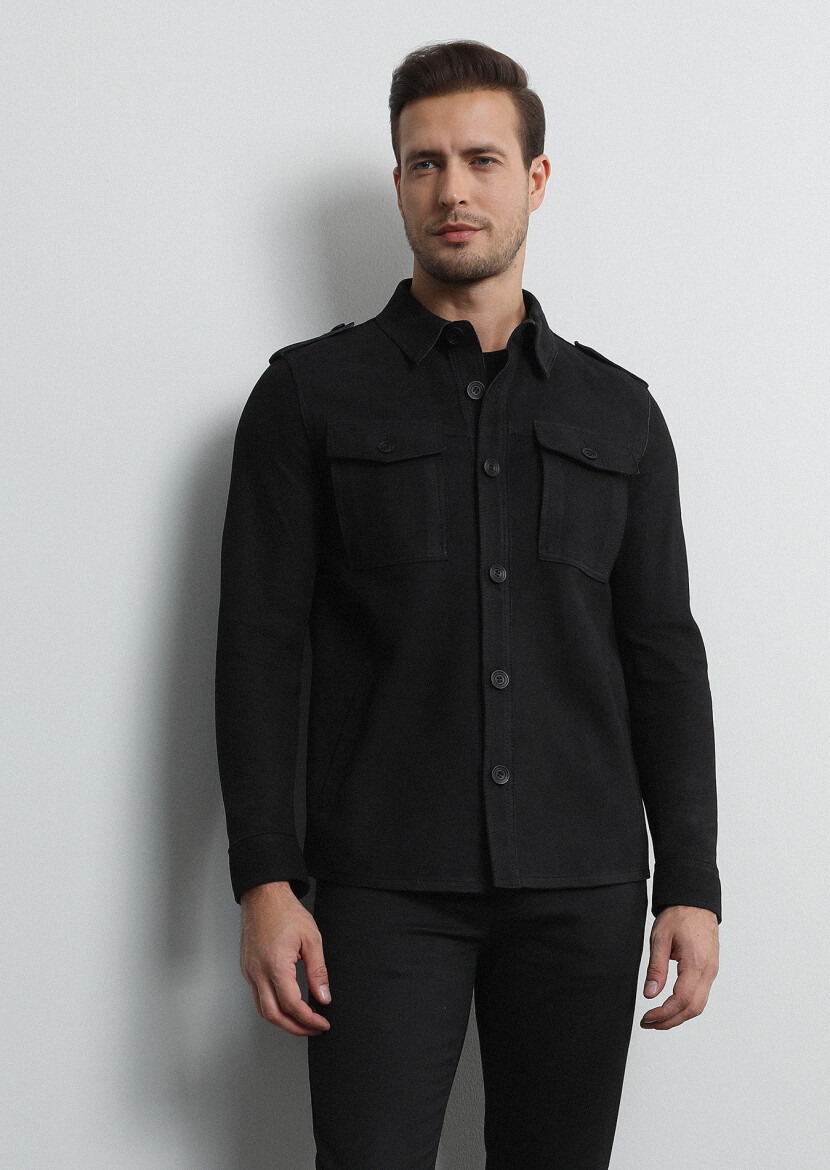Black Regular Fit Shirt Collar Casual Leather Leather Coat - 4