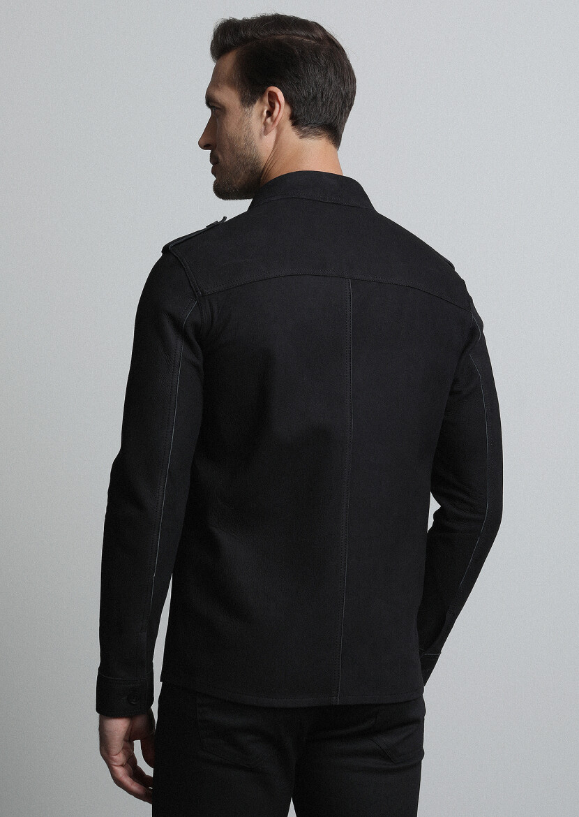 Black Regular Fit Shirt Collar Casual Leather Leather Coat - 5