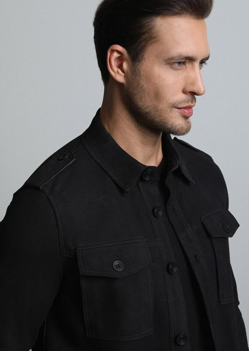Black Regular Fit Shirt Collar Casual Leather Leather Coat - 1