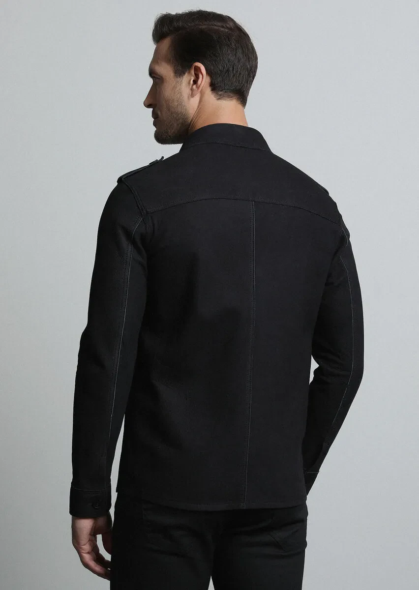 Black Regular Fit Shirt Collar Casual Leather Leather Coat - 5