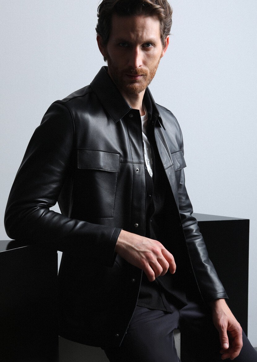 Black Regular Fit Shirt Collar Casual Leather Leather Coat - 2