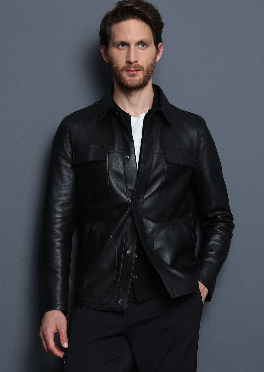 Black Regular Fit Shirt Collar Casual Leather Leather Coat - 3