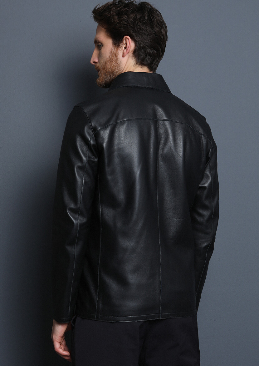 Black Regular Fit Shirt Collar Casual Leather Leather Coat - 5