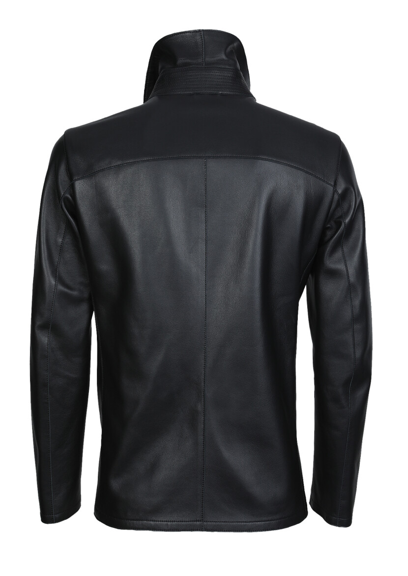 Black Regular Fit Shirt Collar Casual Leather Leather Coat - 7