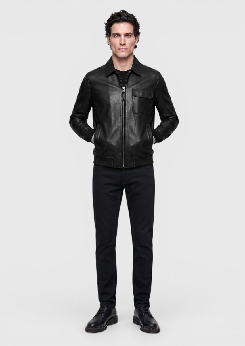 Black Regular Fit Shirt Collar Casual Leather Leather Coat - 2