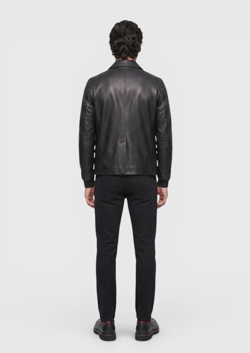 Black Regular Fit Shirt Collar Casual Leather Leather Coat - 4