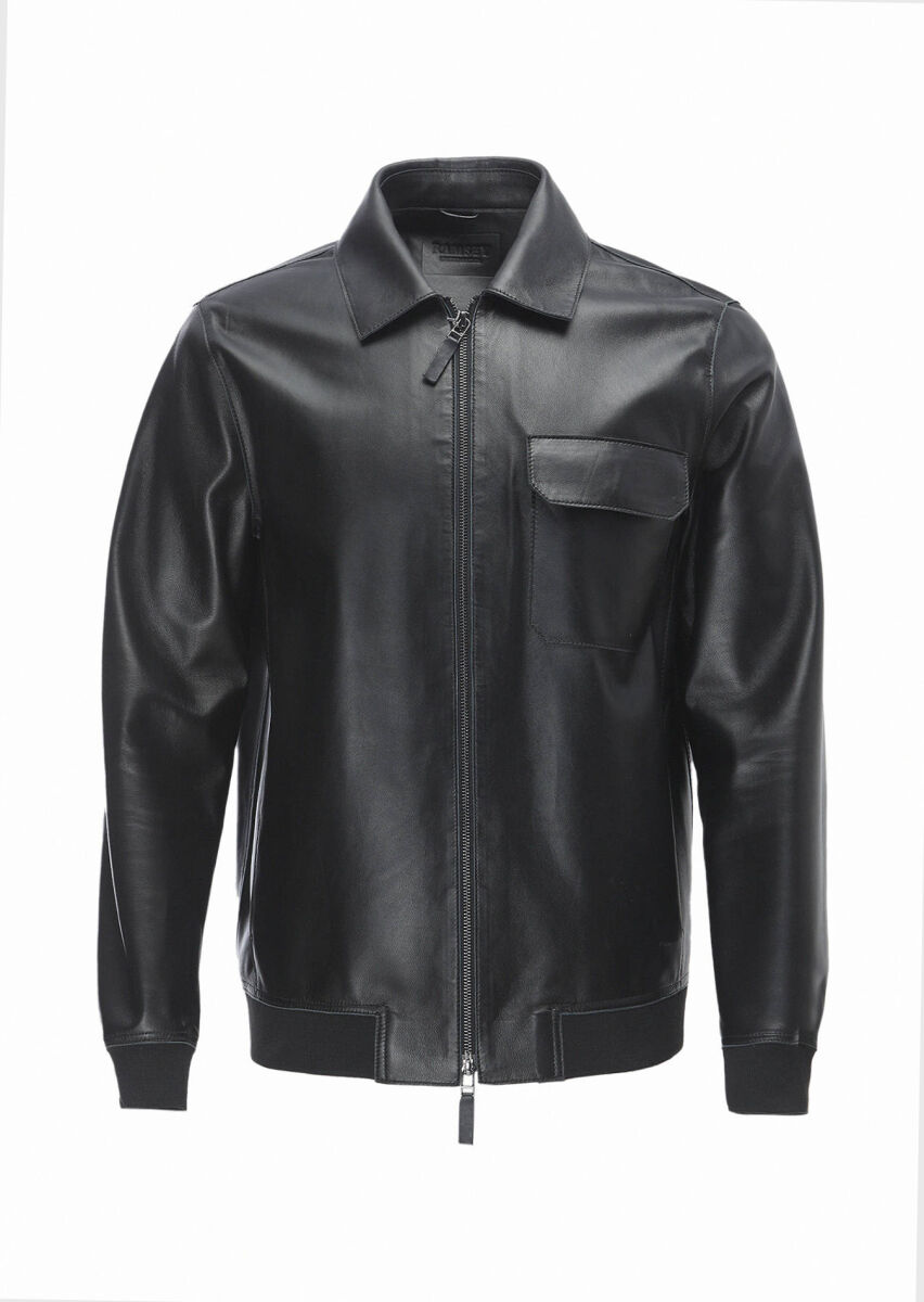 Black Regular Fit Shirt Collar Casual Leather Leather Coat - 5