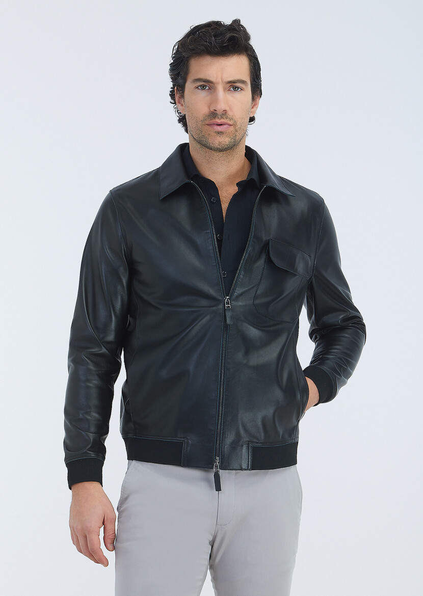 Black Regular Fit Shirt Collar Casual Leather Leather Coat - 3
