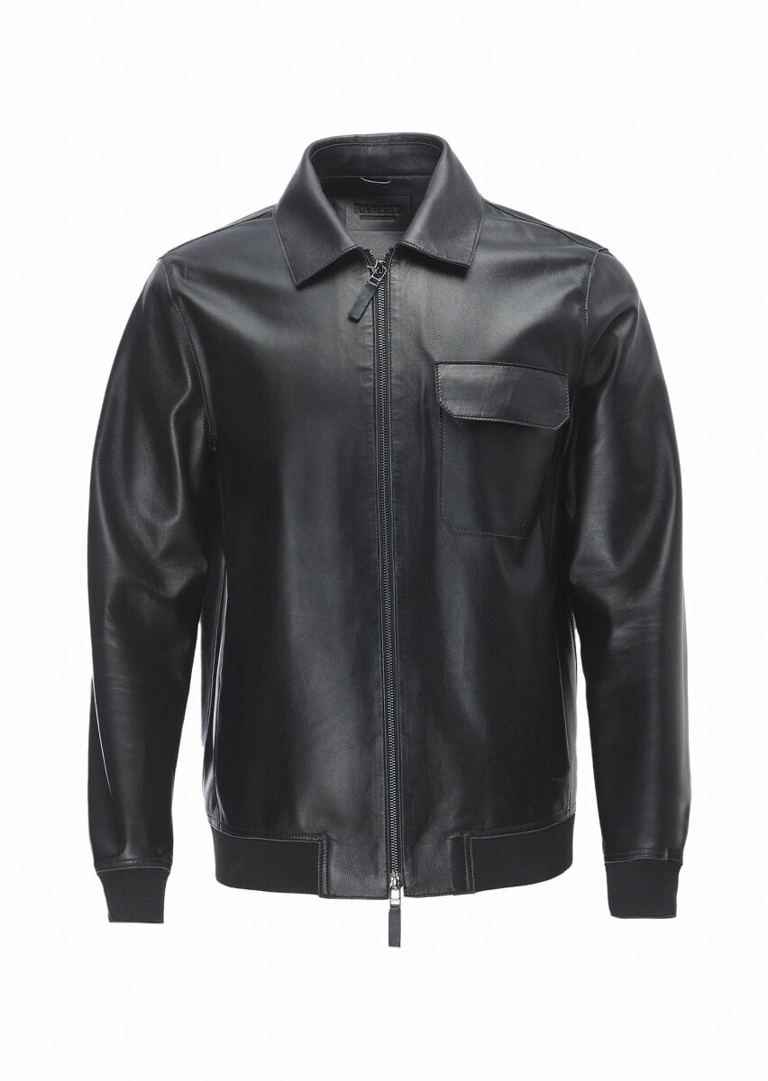 Black Regular Fit Shirt Collar Casual Leather Leather Coat - 1