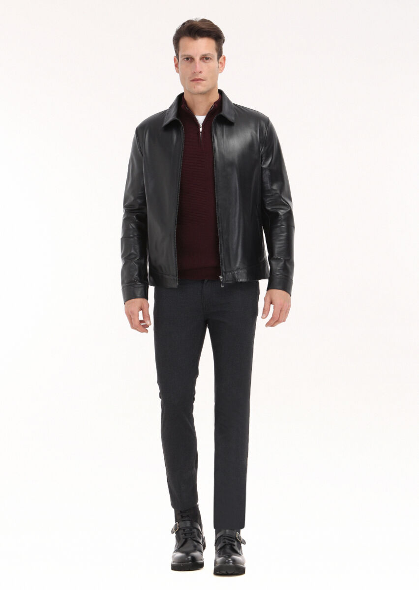 Black Regular Fit Shirt Collar Casual Leather Leather Coat - 1