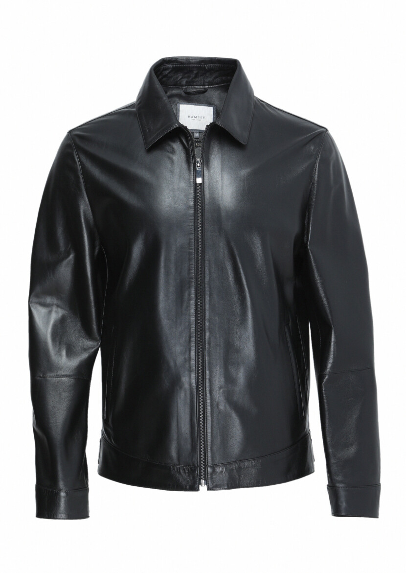 Black Regular Fit Shirt Collar Casual Leather Leather Coat - 6