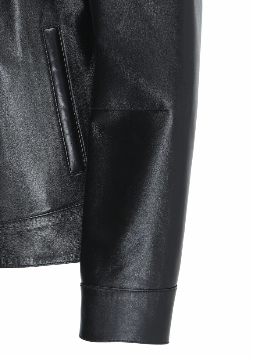 Black Regular Fit Shirt Collar Casual Leather Leather Coat - 3