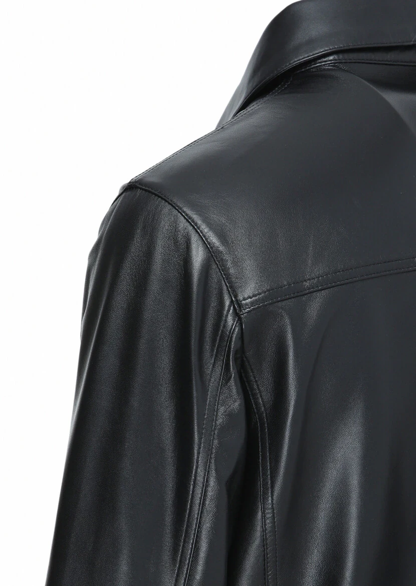 Black Regular Fit Shirt Collar Casual Leather Leather Coat - 5