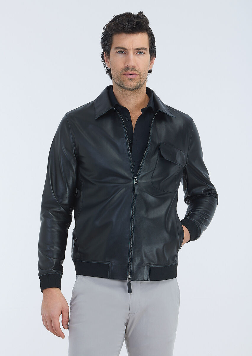 Black Regular Fit Shirt Collar Casual Leather Leather Coat - 3