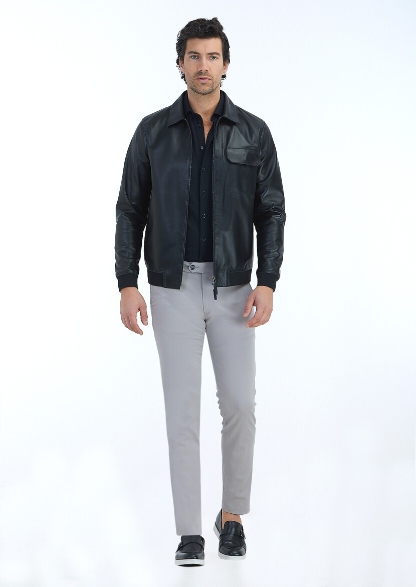 Black Regular Fit Shirt Collar Casual Leather Leather Coat 