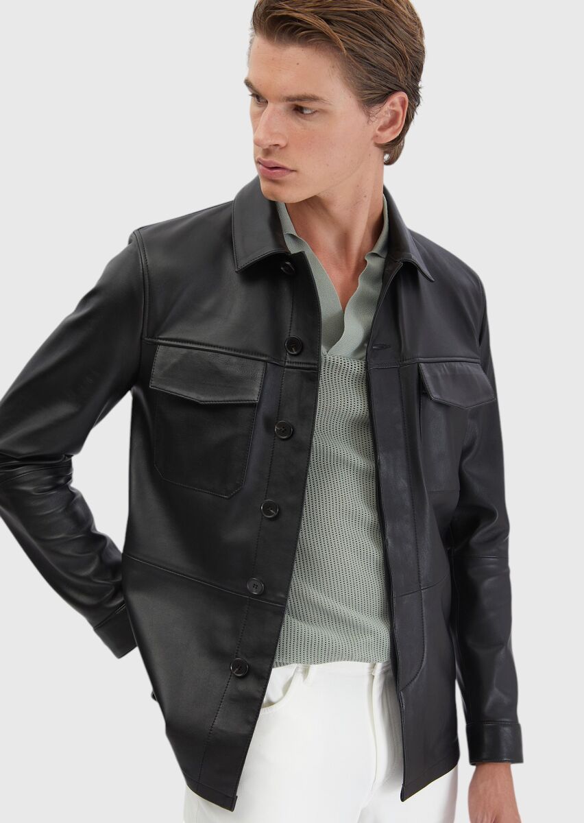 Black Regular Fit Shirt Collar Casual Sheep Leather Leather Coat - 1