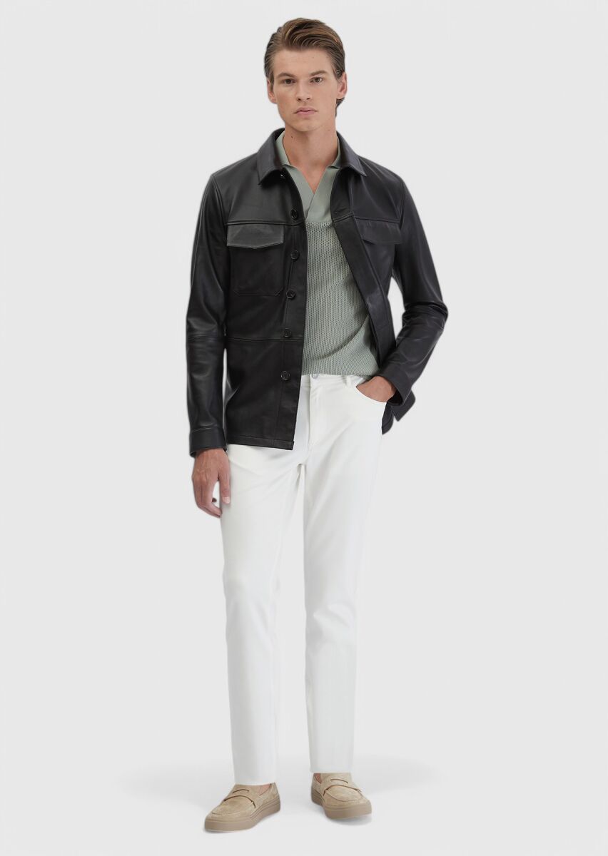 Black Regular Fit Shirt Collar Casual Sheep Leather Leather Coat - 2