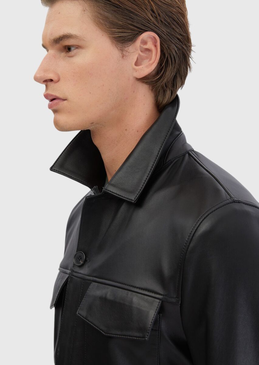 Black Regular Fit Shirt Collar Casual Sheep Leather Leather Coat - 6