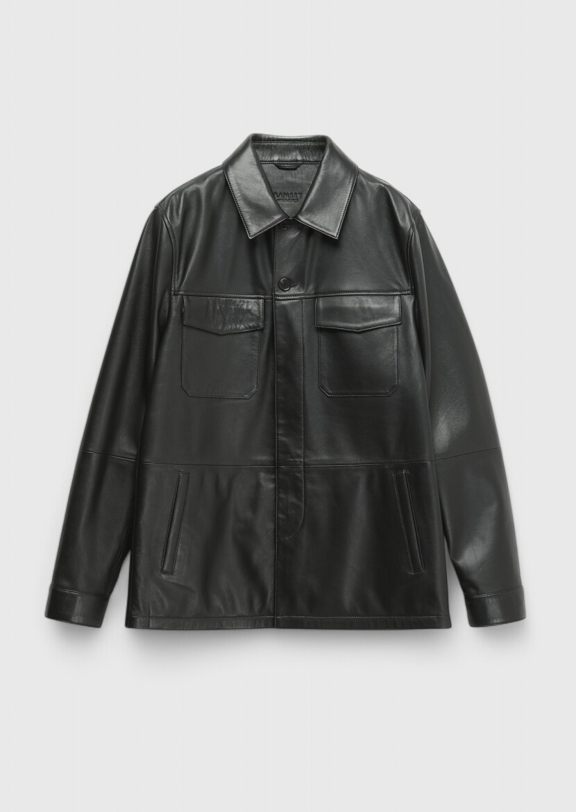 Black Regular Fit Shirt Collar Casual Sheep Leather Leather Coat - 8