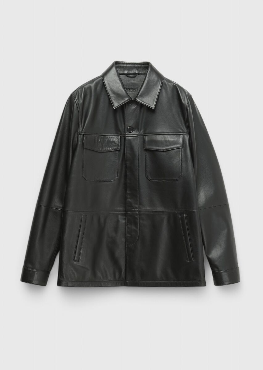Black Regular Fit Shirt Collar Casual Sheep Leather Leather Coat - 8