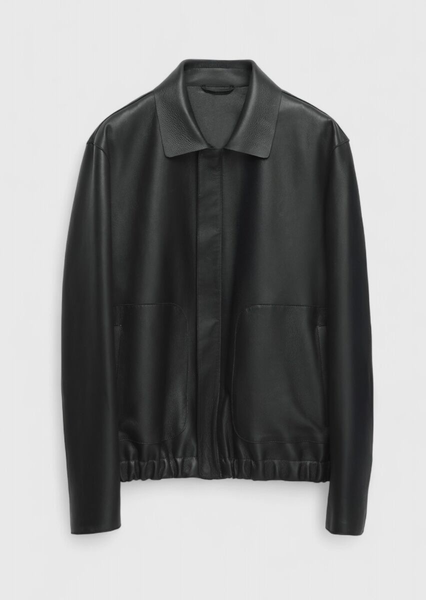 Black Regular Fit Shirt Collar Casual Sheep Leather Leather Coat - 7