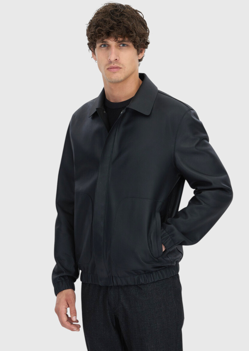 Black Regular Fit Shirt Collar Casual Sheep Leather Leather Coat - 3