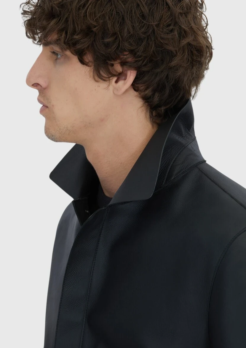 Black Regular Fit Shirt Collar Casual Sheep Leather Leather Coat - 5