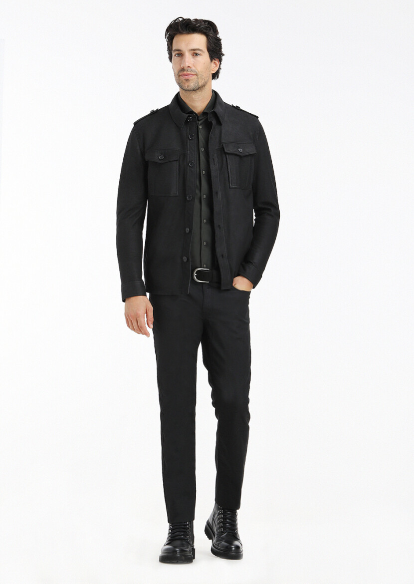 Black Regular Fit Shirt Collar Casual Suede Leather Coat - 1