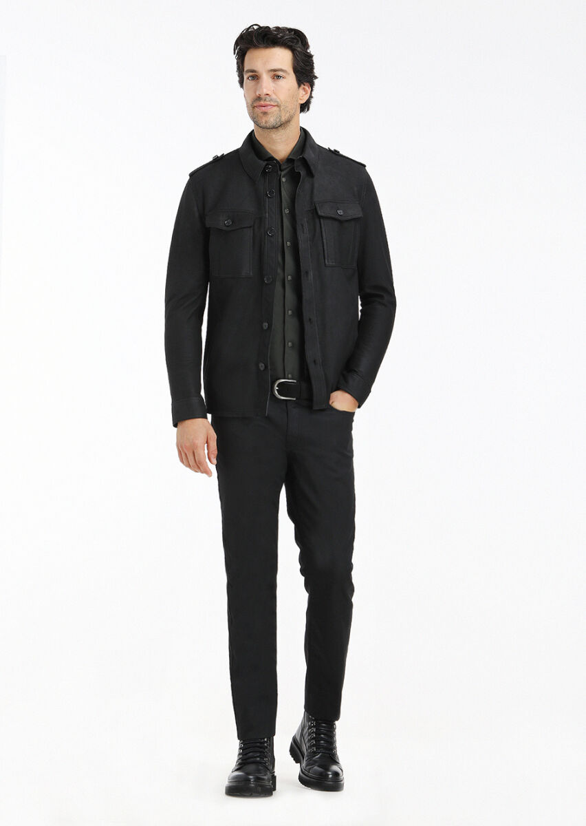 Black Regular Fit Shirt Collar Casual Suede Leather Coat - 1