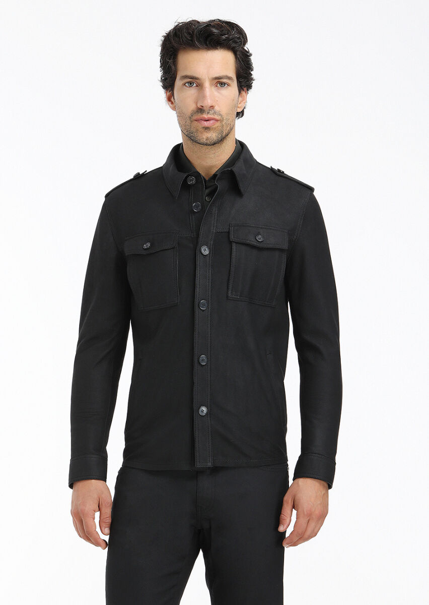 Black Regular Fit Shirt Collar Casual Suede Leather Coat - 2