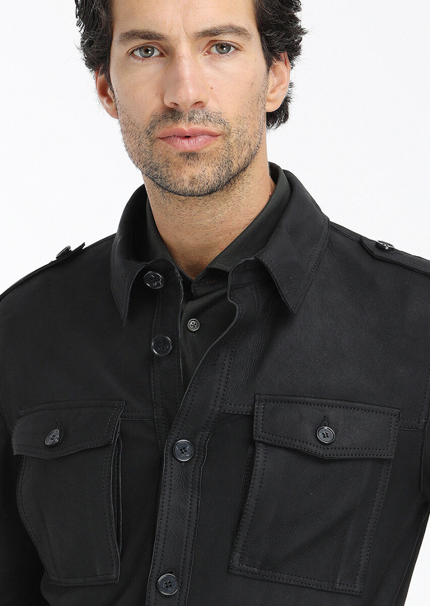 Black Regular Fit Shirt Collar Casual Suede Leather Coat - 6