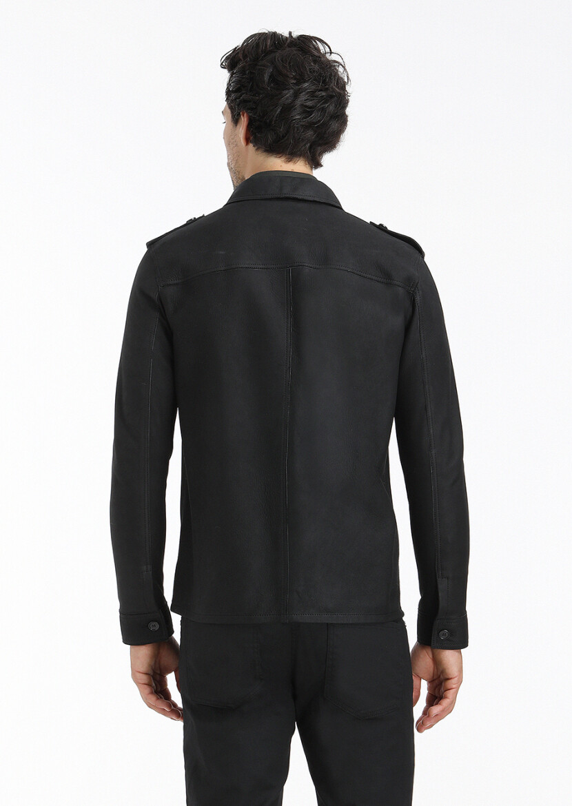 Black Regular Fit Shirt Collar Casual Suede Leather Coat - 7