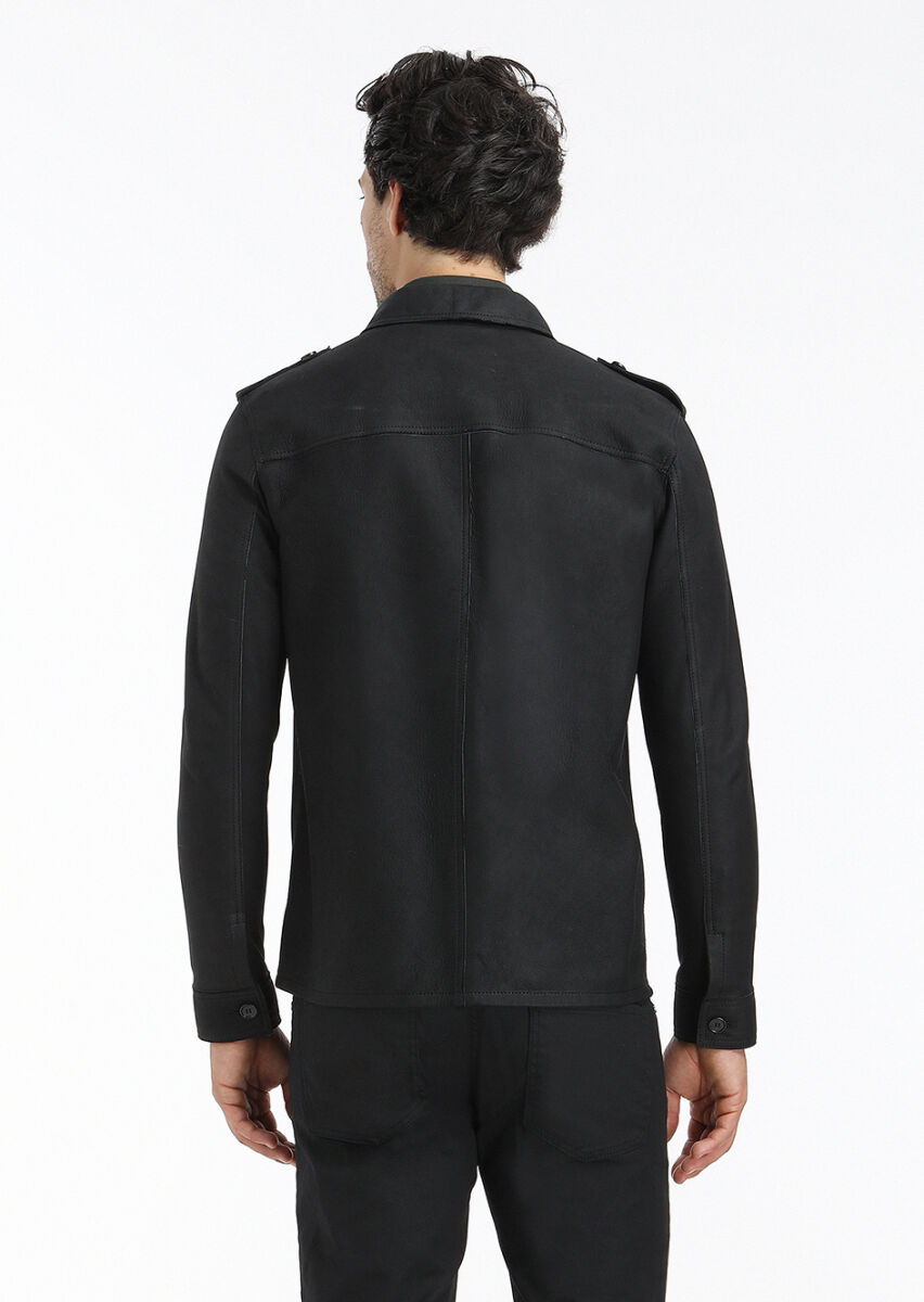 Black Regular Fit Shirt Collar Casual Suede Leather Coat - 7
