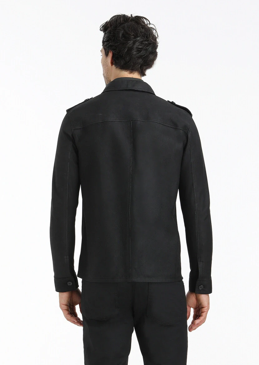Black Regular Fit Shirt Collar Casual Suede Leather Coat - 7